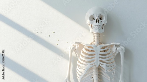 Skeleton sitting in a sunlit room, Vitamin D molecules enhancing bone density, visual representation of easy osteoporosis care, serene atmosphere, detailed and realistic design