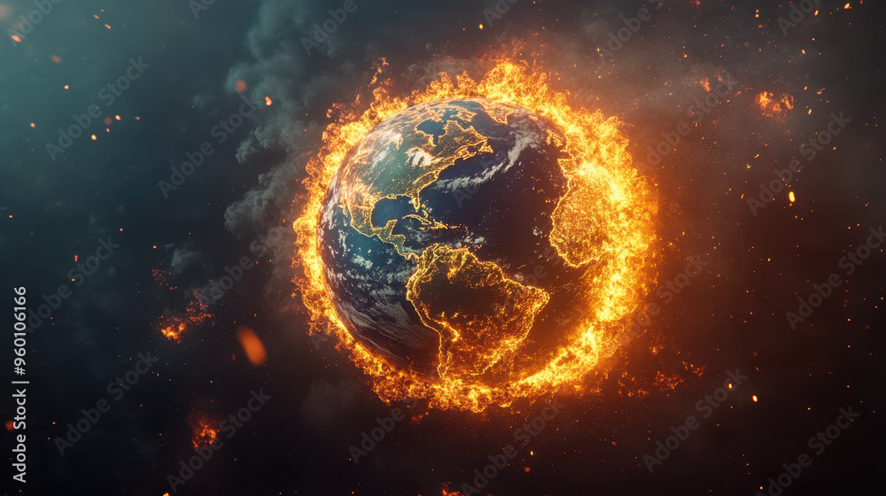 Earth is depicted in dramatic 3D illustration, surrounded by flames and fire, creating striking visual of destruction and urgency. Earth is depicted in dramatic 3D illustration, surrounded by flames and fire, creating striking visual of destruction and urgency.