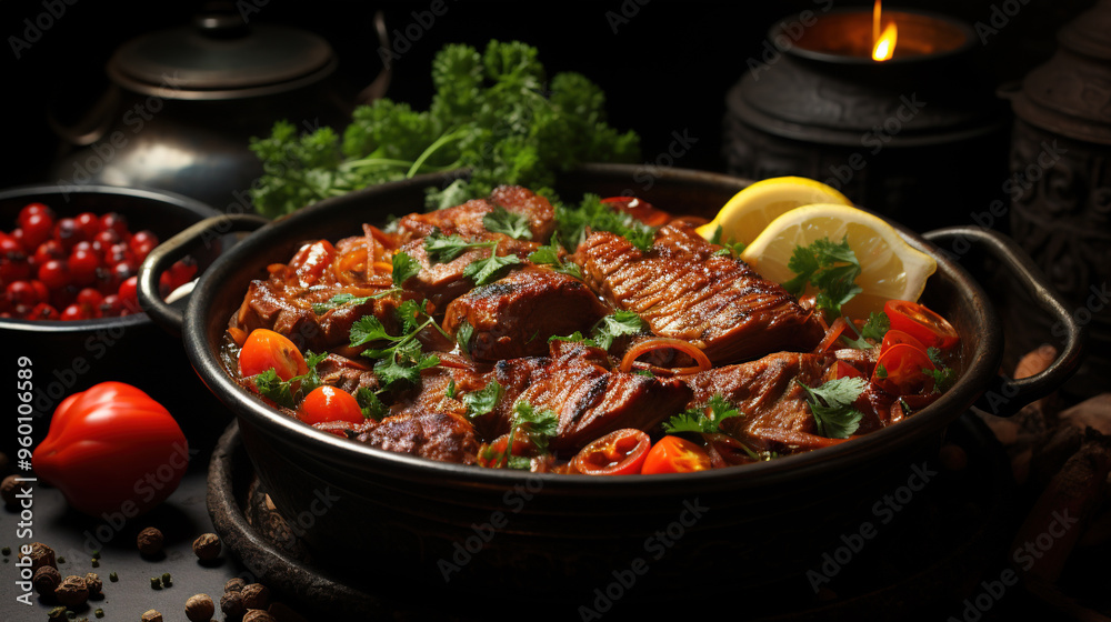 Veal Stew with Fork Knife and Condiments On Dark Black Blurry Background Veal Stew with Fork Knife and Condiments On Dark Black Blurry Background