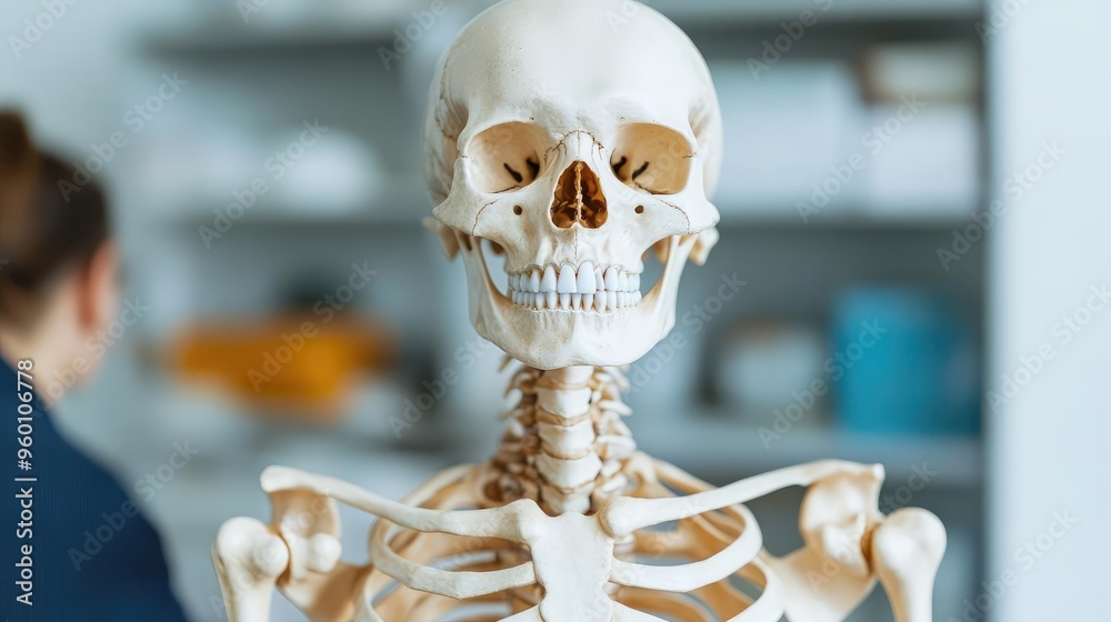 Medical professional using a skeleton to educate about menopause-related bone loss Medical professional using a skeleton to educate about menopause-related bone loss