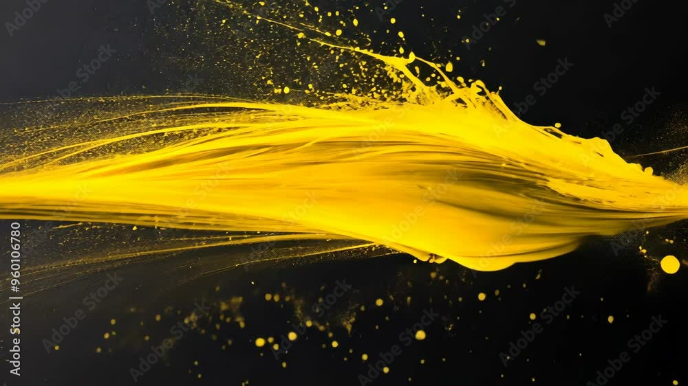 Dynamic yellow paint splash on black background creates an energetic ...