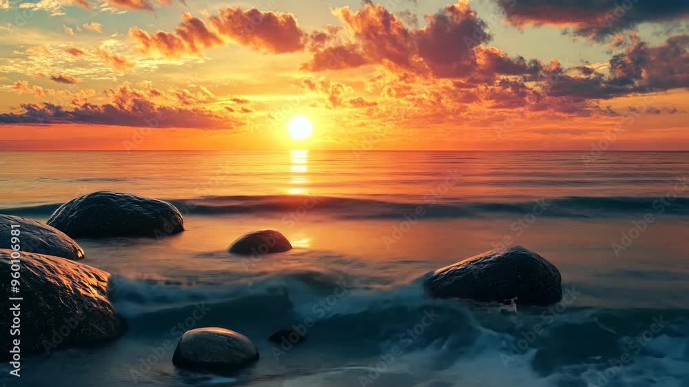 Beautiful sunset over calm waters with rocky shoreline at dusk Beautiful sunset over calm waters with rocky shoreline at dusk