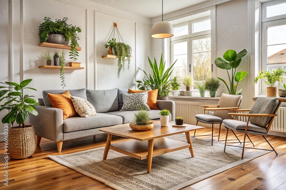 In this Scandinavian abode, a chic sofa, wooden coffee table, and plush armchair combine in a harmonious union, In this Scandinavian abode, a chic sofa, wooden coffee table, and plush armchair combine in a harmonious union,