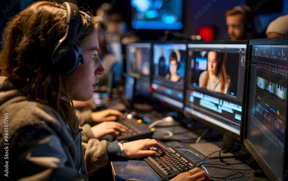 A focused editor works on video projects using editing software and multiple screens in a creative studio environment. A focused editor works on video projects using editing software and multiple screens in a creative studio environment.