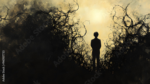 A figure standing in a shadow, with their body tangled in dark, thorny vines, watching a bright, flourishing garden just out of reach, representing the feeling of envy and longing