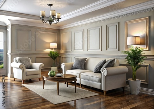 Stylish Chair Rail Molding Designs Enhance The Charm And Sophistication Of A Living Room, Creating Visual Interest And Contributing To An Elegant Ambiance. photo