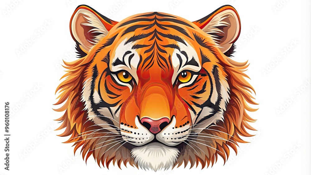Stylish illustration of a smiling tiger's face with vibrant orange fur, whiskers, and bright eyes, against a clean white background, in modern vector style. Stylish illustration of a smiling tiger's face with vibrant orange fur, whiskers, and bright eyes, against a clean white background, in modern vector style.