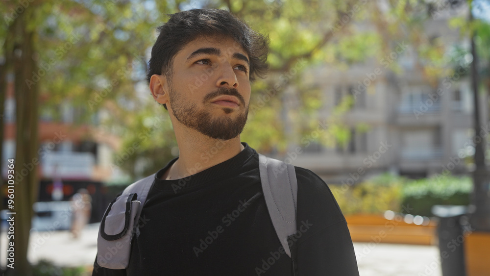 Handsome young man with a beard wearing a casual outfit, looking away thoughtfully in a vibrant city park during the daytime. Handsome young man with a beard wearing a casual outfit, looking away thoughtfully in a vibrant city park during the daytime.
