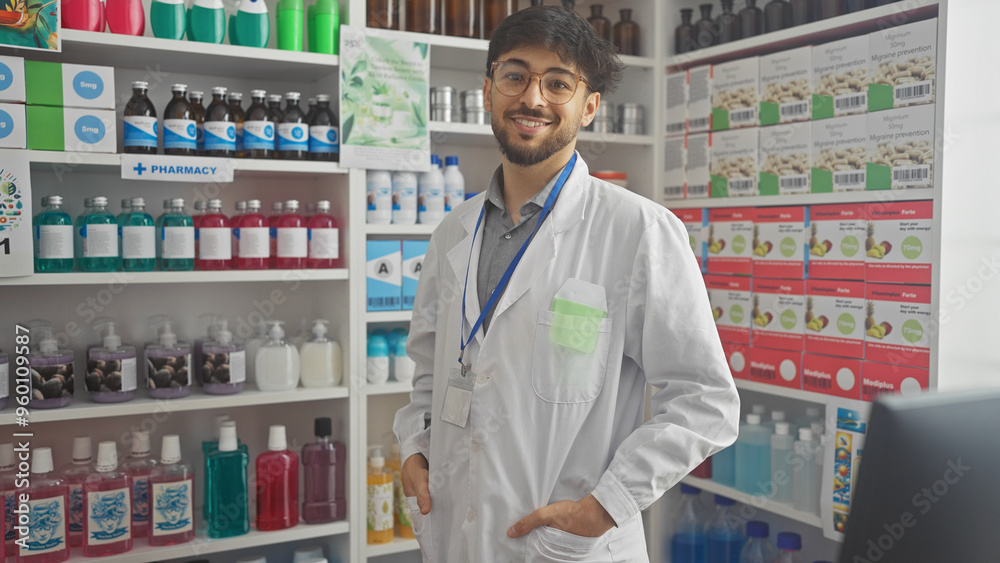 Handsome bearded man in a white lab coat standing confidently in a well-stocked pharmacy interior with shelves of medications and healthcare products. Handsome bearded man in a white lab coat standing confidently in a well-stocked pharmacy interior with shelves of medications and healthcare products.