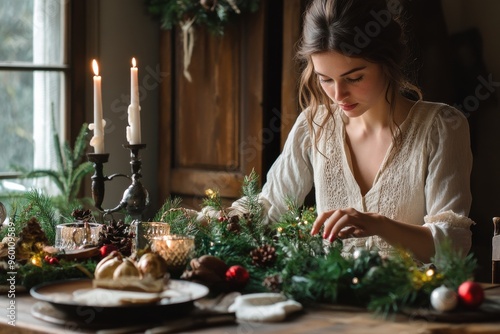 Young woman decorating a French country-style dining room for Christmas, creating a festive centerpiece with candles and greenery