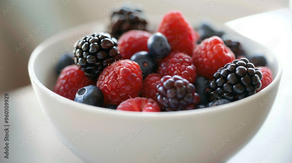 A white bowl filled with raspberries, blueberries, and blackberries. A white bowl filled with raspberries, blueberries, and blackberries.