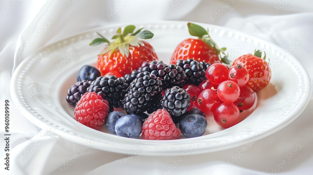 A white plate with fresh berries. A white plate with fresh berries.
