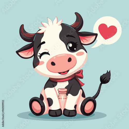 Cute cartoon cow with black and white spots is sitting on the ground with a red ribbon around