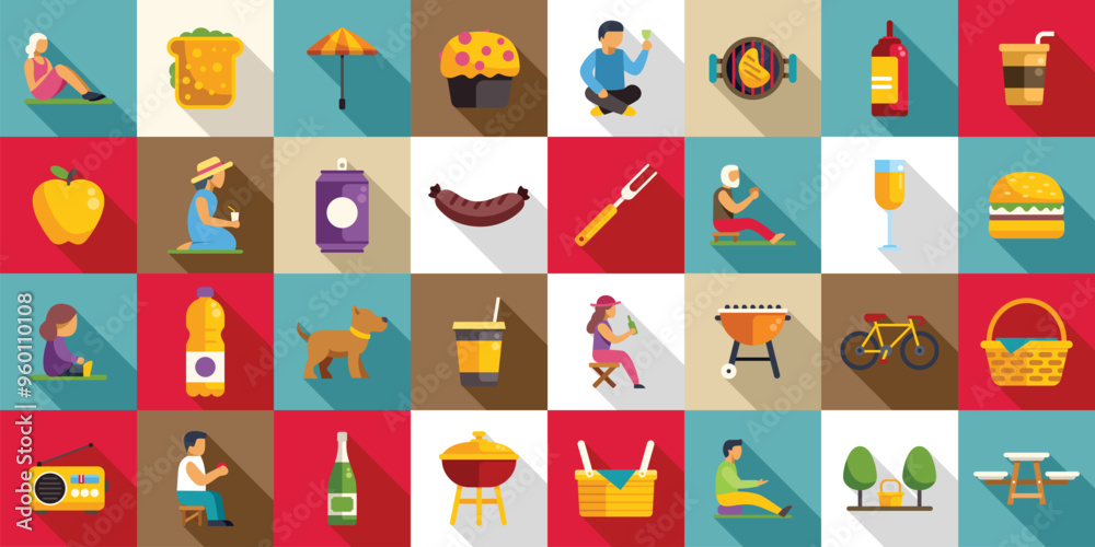 Obraz premium Picnic city park icons set. People are enjoying leisure activities outdoors in the park with picnic food and drinks in this flat design icon set
