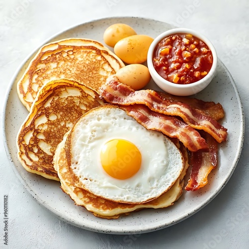 Classic American Breakfast Photo: Pancakes, Sunny-Side Up Egg, and Crispy Bacon