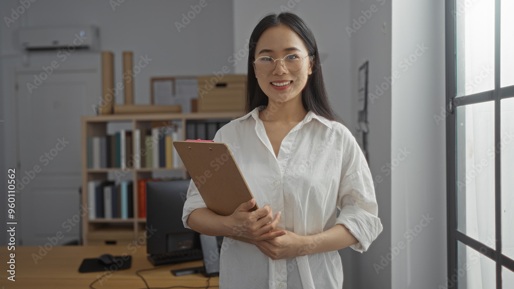 Young chinese woman standing in a modern office holding a clipboard with a bookshelf in the background and a large window to the side, representing professional workplace environment Young chinese woman standing in a modern office holding a clipboard with a bookshelf in the background and a large window to the side, representing professional workplace environment