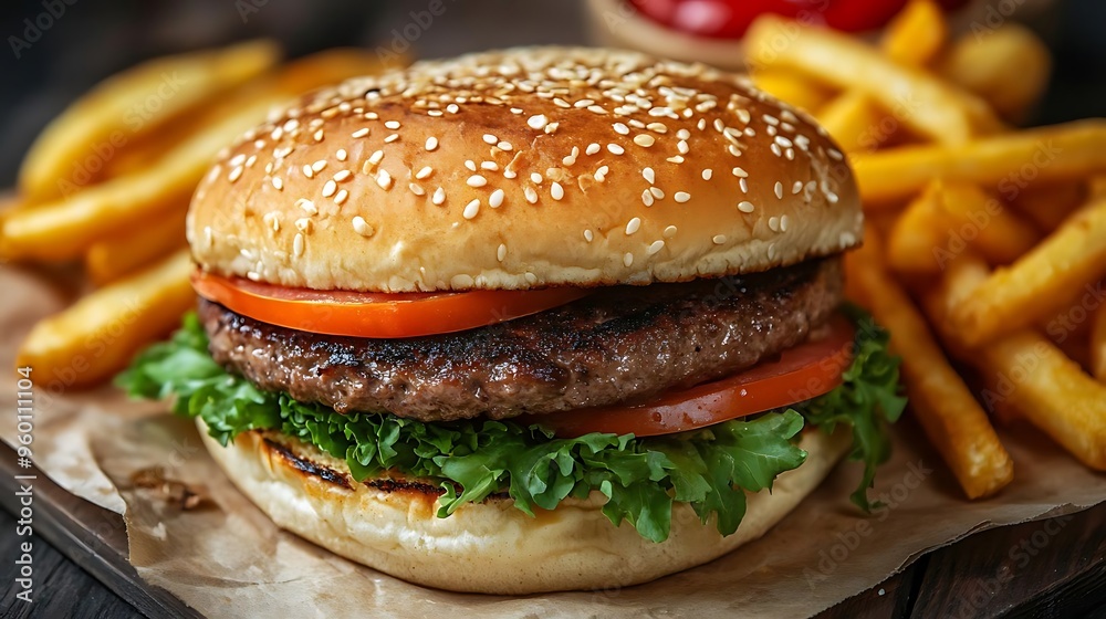 Juicy Grilled Burger with Fries - Realistic Food Photo Juicy Grilled Burger with Fries - Realistic Food Photo