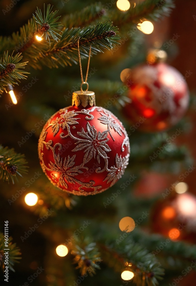Elegant Ornate Christmas Ornaments Hanging on Tree with Warm Festive Glow Elegant Ornate Christmas Ornaments Hanging on Tree with Warm Festive Glow