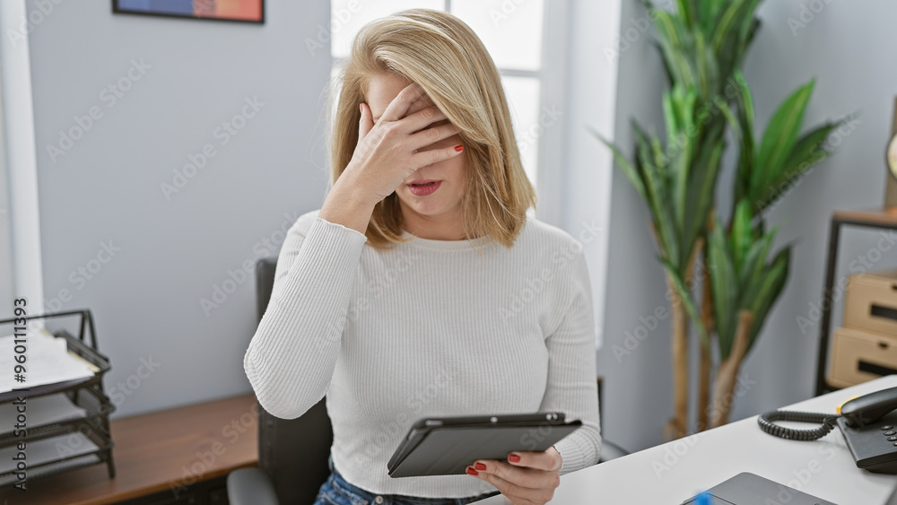 A stressed woman in the office holding a tablet with a facepalm gesture expressing work frustration. A stressed woman in the office holding a tablet with a facepalm gesture expressing work frustration.