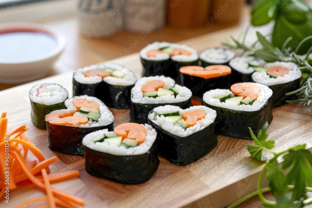 Beautifully Presented Heart-Shaped Sushi Roll Featuring Fresh Ingredients and Artistic Touch Beautifully Presented Heart-Shaped Sushi Roll Featuring Fresh Ingredients and Artistic Touch