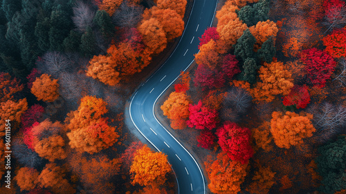 紅葉に包まれた道の空撮 photo