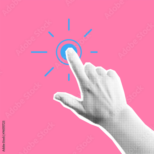 Click halftone hand collage. Pointing hand. Fingers touch, click or tap.
