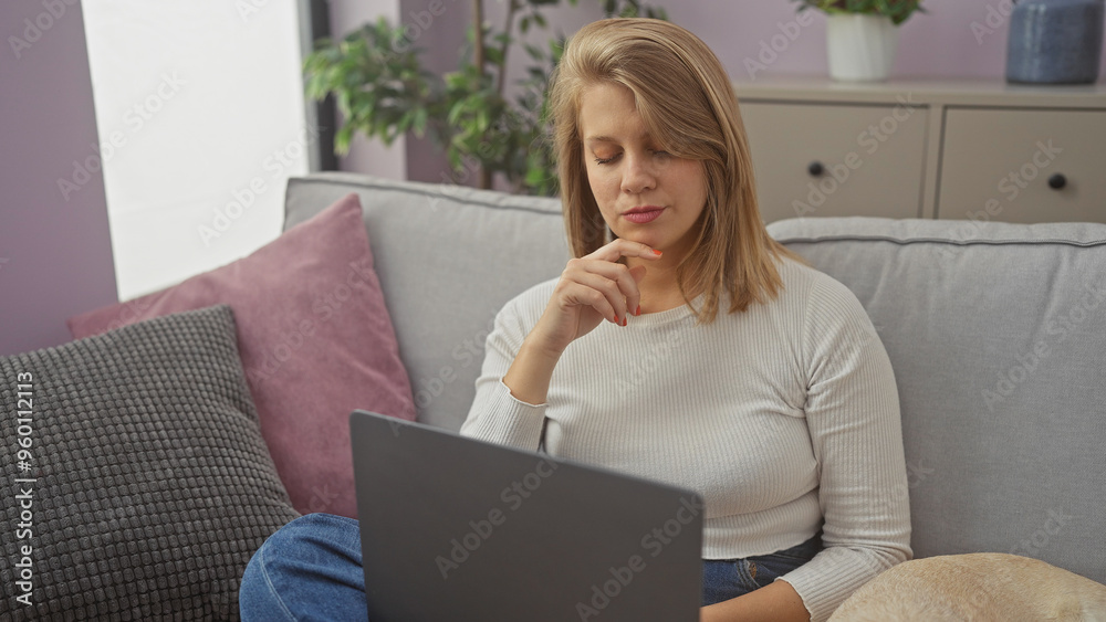 A contemplative young woman sits indoors with her laptop and pet dog beside her on a cozy couch in a well-decorated room. A contemplative young woman sits indoors with her laptop and pet dog beside her on a cozy couch in a well-decorated room.