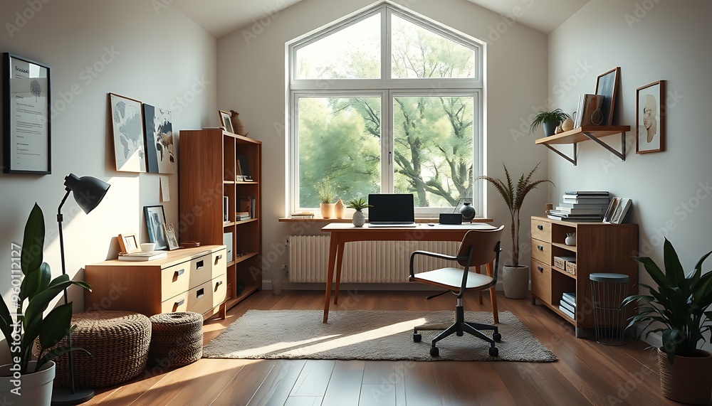 A minimalist home office with a large window, wooden furniture, and natural light. A minimalist home office with a large window, wooden furniture, and natural light.