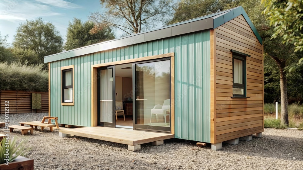 A chic pastel blue house with striking sliding glass doors parked on a gravel lot. This house has clean lines and a contemporary look, combining functionality with soft colors A chic pastel blue house with striking sliding glass doors parked on a gravel lot. This house has clean lines and a contemporary look, combining functionality with soft colors