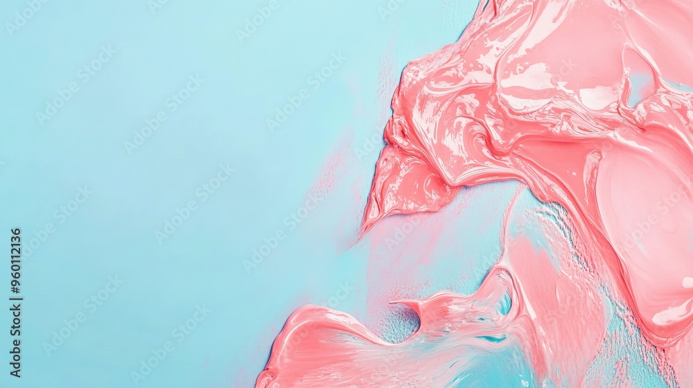Fototapeta premium Abstract pastel coral pink paint against a pastel blue background. Fluid creative concept composition with copy space for text or design elements. Minimal natural luxury and artistic inspiration. 