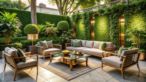 Luxurious metallic accents adorn an elegant outdoor space, surrounded by vibrant greenery, instilling a sense of photo