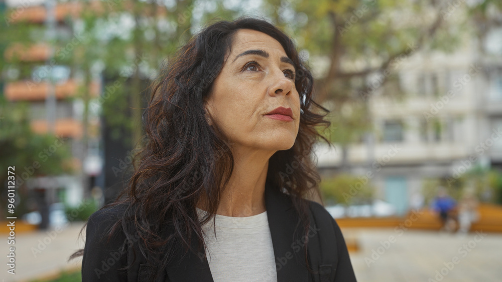 Thoughtful middle-aged woman staring upwards in an urban park setting, embodying contemplation. Thoughtful middle-aged woman staring upwards in an urban park setting, embodying contemplation.