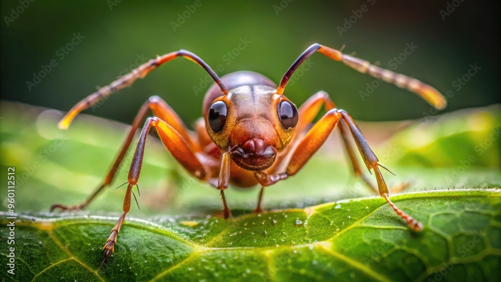 Tiny, industrious ant's intricate features revealed in extreme close-up, showcasing delicate mandibles, antennae, and compound eyes against a soft, blurred green leaf background. Tiny, industrious ant's intricate features revealed in extreme close-up, showcasing delicate mandibles, antennae, and compound eyes against a soft, blurred green leaf background.