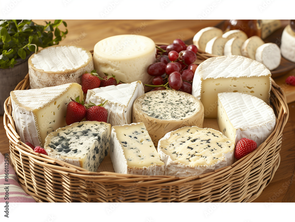 Basket of assorted cheeses with strawberries and grapes on a wooden table Basket of assorted cheeses with strawberries and grapes on a wooden table