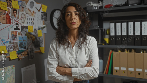 A middle-aged woman with folded arms stands in a detective's office, surrounded by investigation evidence. photo