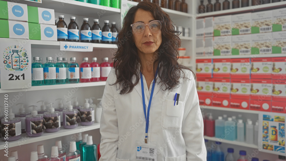 Brunette woman pharmacist wearing glasses stands in a pharmacy with shelves of medications and healthcare products. Brunette woman pharmacist wearing glasses stands in a pharmacy with shelves of medications and healthcare products.