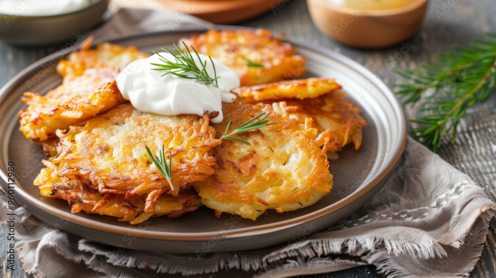 A plate of golden potato latkes with sour cream and applesauce for Hanukkah A plate of golden potato latkes with sour cream and applesauce for Hanukkah