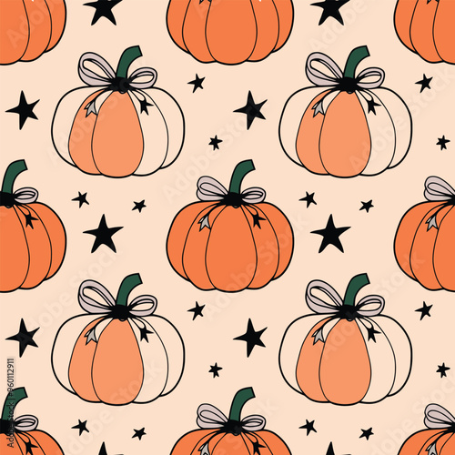 Halloween theme Seamless pattern of pastel pumpkins with black ribbon bows and black stars photo