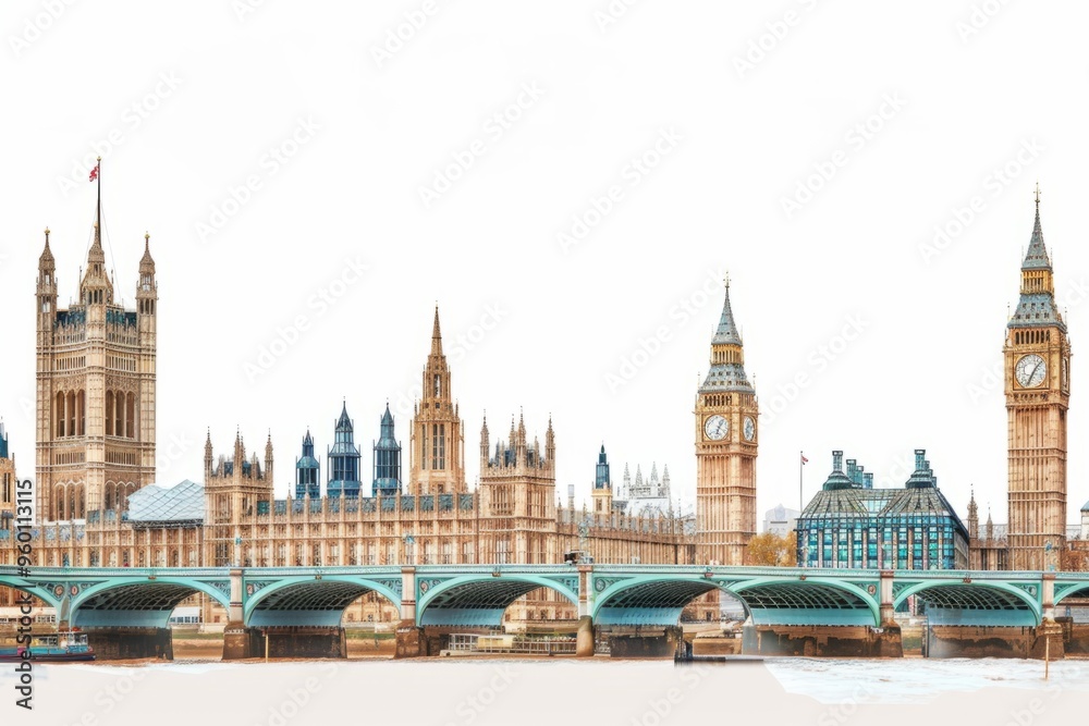 Obraz premium A stunning view of the London skyline. Iconic buildings rise above the River Thames. This architectural masterpiece showcases history and culture. Generative AI