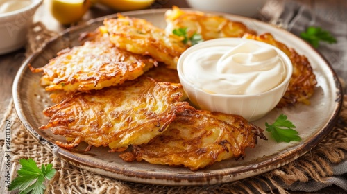 A plate of golden potato latkes with sour cream and applesauce for Hanukkah photo