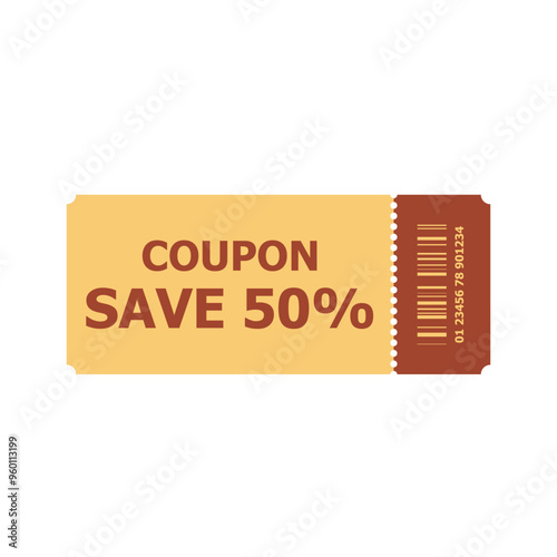 Ticket discount template sale save 50% for coupon, voucher in red and yellow vintage colors on white isolated background. Vector coupon ticket
