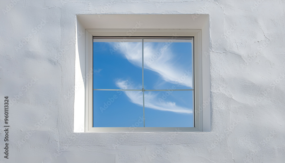 view of nice big white openned window on white wall with blue sky seen through view of nice big white openned window on white wall with blue sky seen through