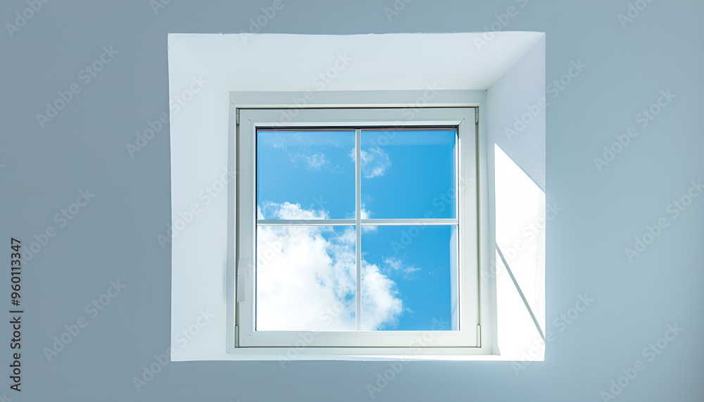 view of nice big white openned window on white wall with blue sky seen through view of nice big white openned window on white wall with blue sky seen through