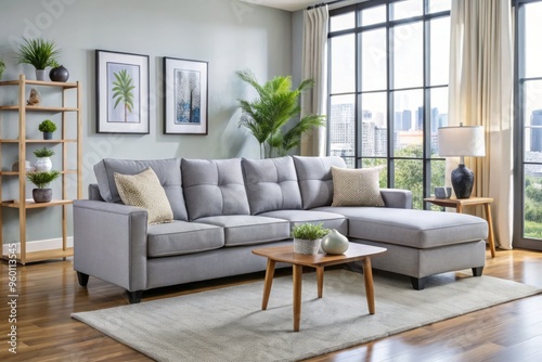 Minimalist chic living room showcases sleek contemporary reversible chaise sofa in soft grey upholstery, perfect for