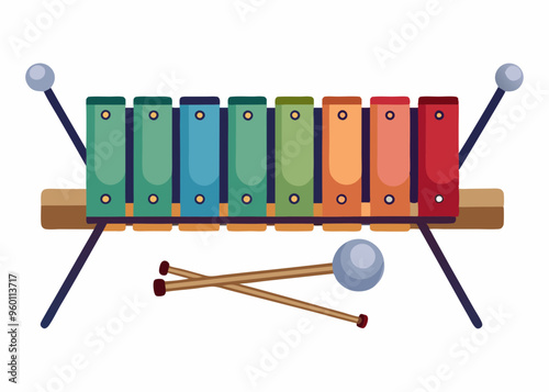 Glockenspiel or orchestra bells with drumsticks. Xylophone, metallophone play melody. Percussion music instrument for philharmonic performance. Flat isolated vector illustration on white background
