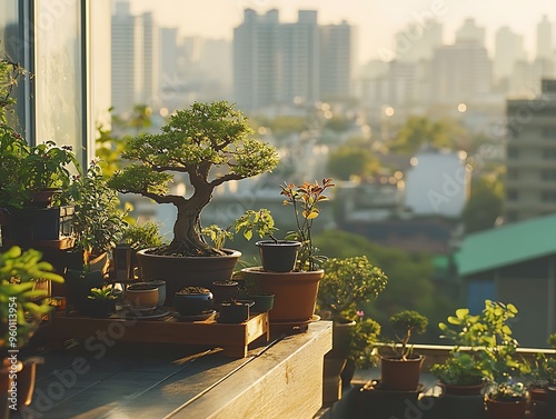 Bonsai garden with cityscape view from balcony