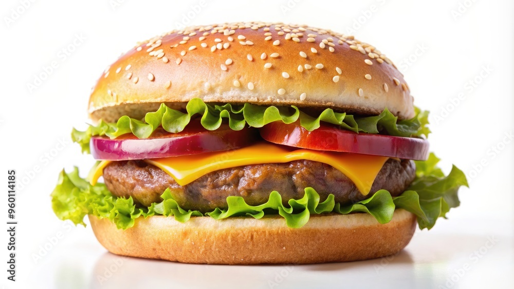 of a delicious hamburger on a white background, fast food, unhealthy, cheeseburger, American, fast, bun, meat, lettuce, tomato of a delicious hamburger on a white background, fast food, unhealthy, cheeseburger, American, fast, bun, meat, lettuce, tomato