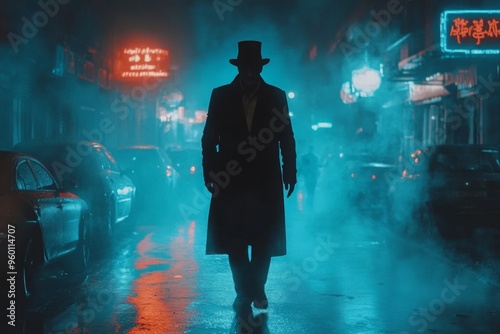 Within the dimly lit city alley, a mysterious man clad in a black coat and top hat strolls alone, evoking the ambiance of a cinematic historical thriller set in the 19th or 18th century. photo