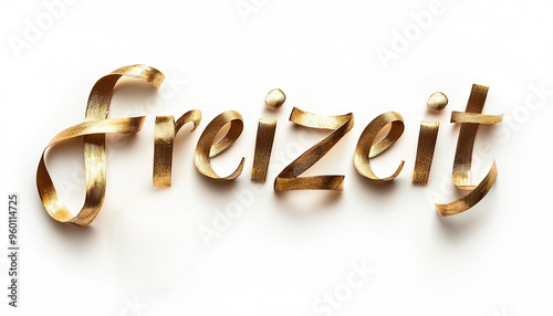 word "Freizeit" crafted in golden ribbon-like letters with a smooth, reflective surface, against a clean white background, elegant luxurious design