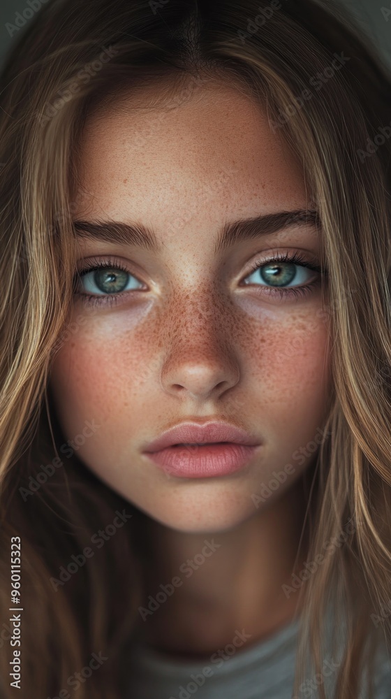Close-up Portrait of a Young Woman with Freckles and Blue Eyes Close-up Portrait of a Young Woman with Freckles and Blue Eyes
